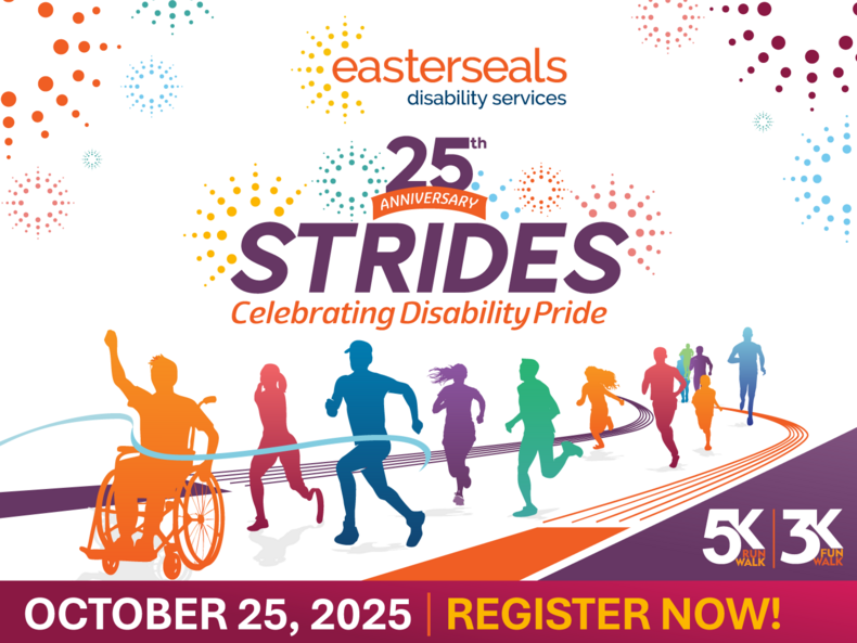 The Strides graphic that says "Strides celebrating disability pride 25th anniversary. October 25. Register now" 