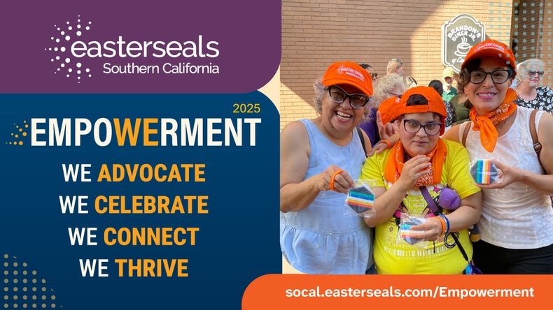 Three people wearing orange bandanas and sunglasses, posing with their arms around each other at an Easterseals Southern California event.