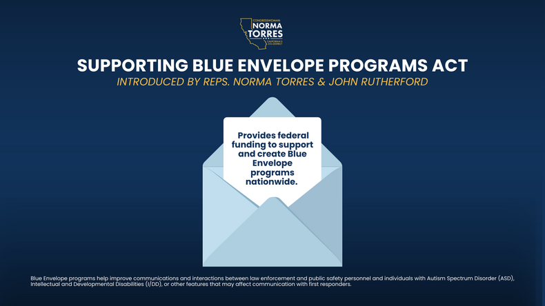 An envelope for Supporting Blue Envelope & John Rutherfords Act, introduced by Norma Torres.  
