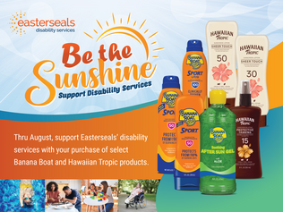 Pictures of Banana Boat and Hawaiian Tropic products to the right of text encouraging support of Easterseals Disability Services with purchase of products at CVS Pharmacy in August.