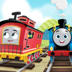 Thomas the train and Bruno the tank engine on the rails side-by-side.