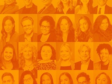 A collage of disability advocates in entertainment faces with an orange background.