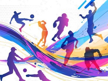 Colorful silhouettes of athletes in playing various sports.