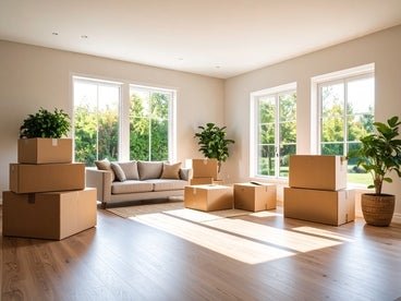 a living room area with boxes from moving in