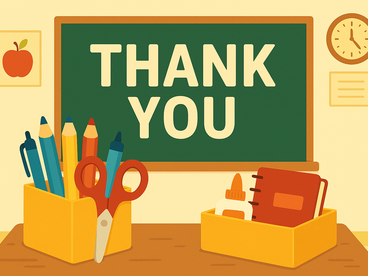 classroom desk with supplies and words 'Thank You' written on chalkboard