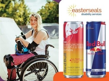 A woman in a wheelchair wearing protective gear at a skatepark. On the right side, a graphic of RedBull energy drinks with an Easterseals logo above. 