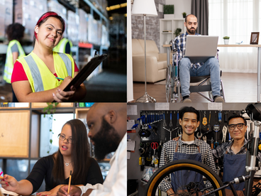 A collage of individuals with disabilities in various workplaces. 