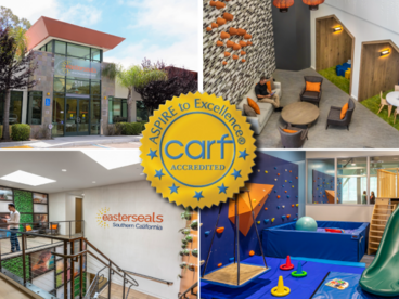 A collage of Easterseals Southern California facilities. The CARF accreditation seal is also displayed.