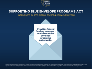 An envelope for Supporting Blue Envelope & John Rutherfords Act, introduced by Norma Torres.  