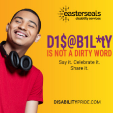 Person smiling with headphones around their neck next to Easterseals logo.