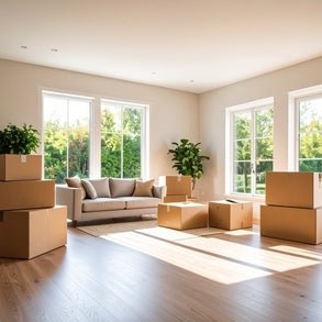 a living room area with boxes from moving in