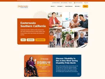 A screenshot of the new Easterseals SoCal landing page with orange graphics, photos of participants, and a new navigation bar at the top