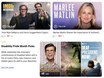 The homepage of the IMDb website featuring Disability Pride Month picks, including stories about Marlee Matlin and Nyle DiMarco