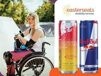 A woman in a wheelchair wearing protective gear at a skatepark. On the right side, a graphic of RedBull energy drinks with an Easterseals logo above. 