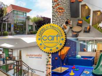 A collage of Easterseals Southern California facilities. The CARF accreditation seal is also displayed.