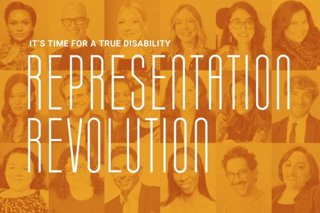 A collage of diverse people with the text 'It's time for a true disability representation revolution' overlaid in bold white and orange letters.